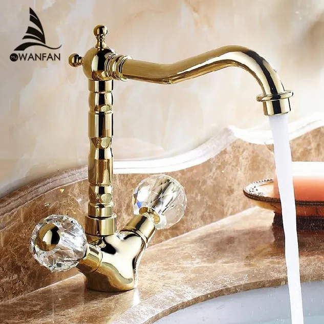 Gratis Verzending Retro Gouden Kranen Badkamer Crystal Double Handvat Basin Mixer Tap Noble Prachtige Swivel Basin Sink Faucet 9256K