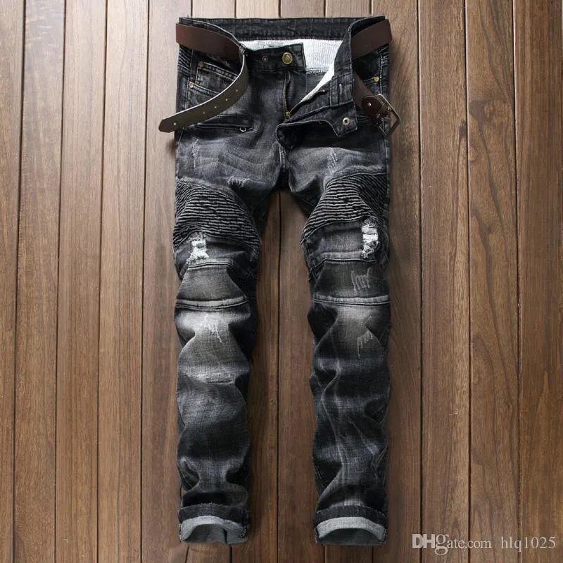 Male Brand Mens Motorcycle Ripped Biker Jeans Multi Pockets Slim Fit Pleated Skinny Jeans Jean Homme Joggers