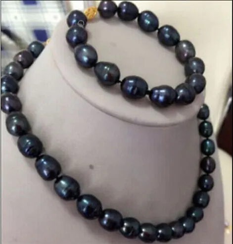 New Fine Genuine Pearl Jewelry 9-10MM Black Pearl Necklace Bracelet Set