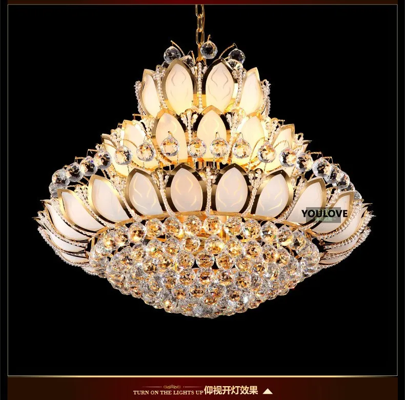 Modern Gold Crystal Chandeliers Lights Fixture European American Lotus Flower Chandelier Golden Crystal Droplight Home Indoor Hotel Lighting