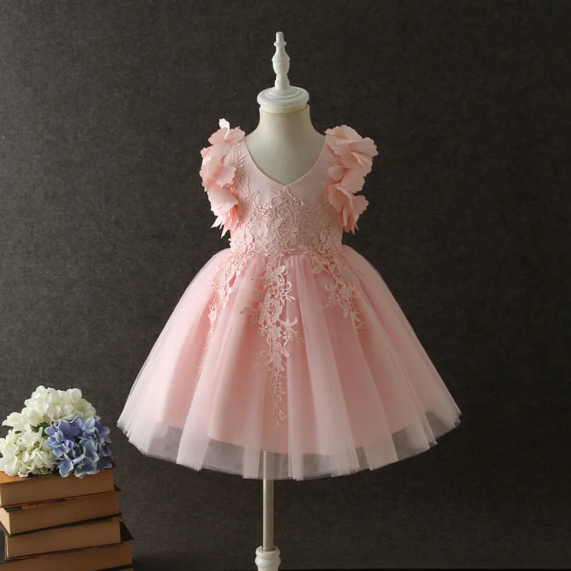 Flower Girls Dress Lace floral embroidery Kids princess party dress stereo petal tulle Children Ball Gown Sweet Girls Tutu Dress C2177