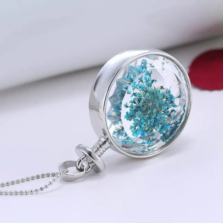 Ne peut pas être ouvert médaillon flottant pendentifs créatif plante spécimen alliage rond fleur séchée cristal pendentif collier blanc K chaîne collier