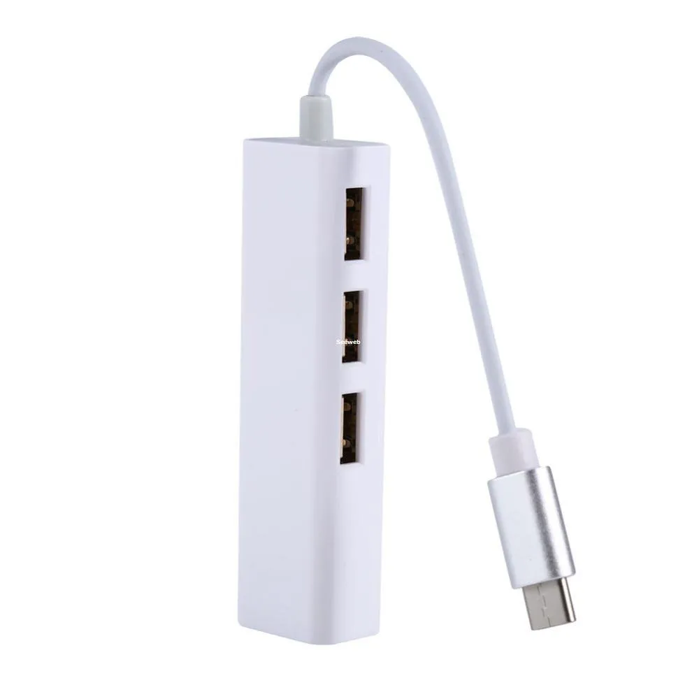 Freeshipping Tipo C a 3 puertos Rj45 Ethernet USB 2.0 Hub Adaptador de red Cable para dispositivos USB Tipo-C para computadora Cable blanco