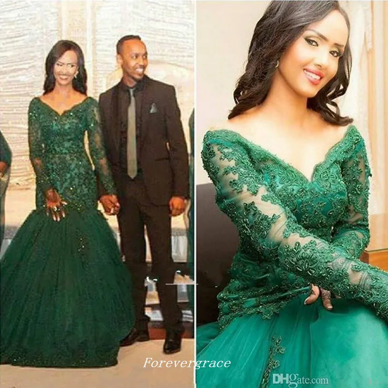 Sexy Hunter Green Dubai Dentelle Manches Longues Robe De Soirée Col En V Balayage Train Formelle Occasion Spéciale Robe Robe De Soirée Sur Mesure Plus Taille