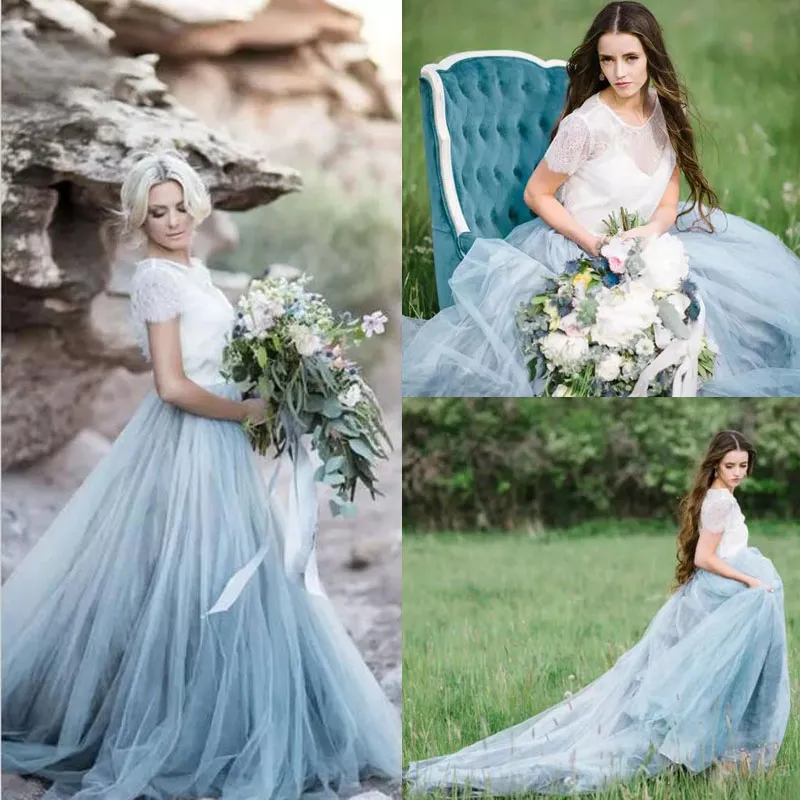 2017 Fairy Beach Boho Country Lace Wedding Dresses A Line Soft Tulle Short Sleeves Light Blue Ruched Skirts Plus Size Bohemian Bridal Gown