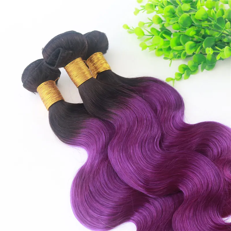 Paquetes de tejido de cabello humano Ombre 1B Púrpura Dos tonos Extensiones de cabello humano Remy Body Wave1067996