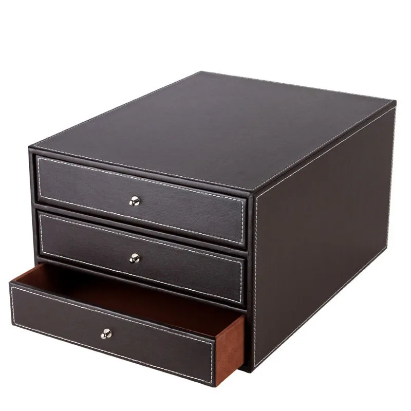 3 Layers Wood Leather Desk Set Filing Cabinet Storage Drawer Box Office Organizer Document Container Holder Black ZA4637244j