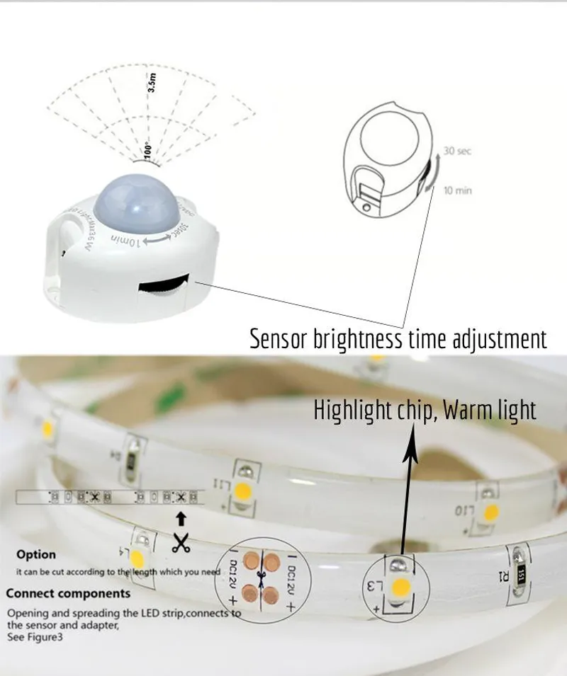 Under Bed Motion Aktiverad belysning med PIR-sensorbädd Ljus Flexibel LED-bandbelysning med automatisk avstängningstimer