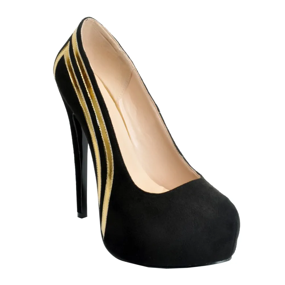 Zandina Mulheres 14.5 cm Elegante Lantejoulas Plataforma Deslizamento Em Stilettos Sapatos de Salto Alto Sapatos Tribunal Preto XD206
