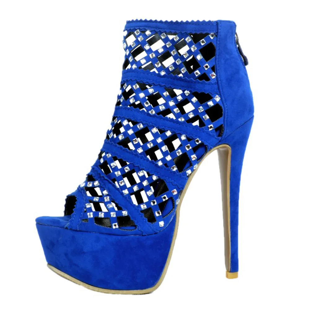 Kolnoo femmes plate-forme talons hauts brillant Diamante cheville Escarpins Peep-toe fête chaussures Sexy bleu XD277