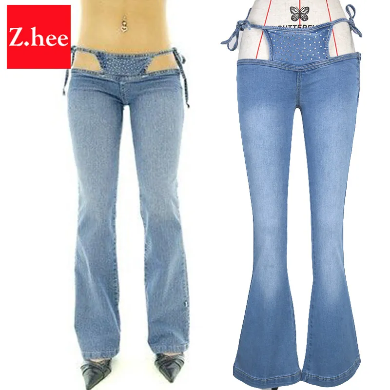 Women's Jeans Wholesale- Size Ultra Low Waist Bikini Wide Leg Flare For Women Bandage Pants