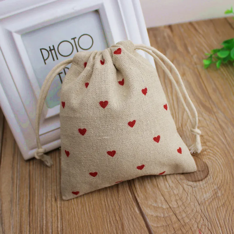 Red Heart Linen Gift Bags 9x12cm 10x15cm 13x17cm pack of 50 Candy Favor Sack Makeup Jewelry Pouch