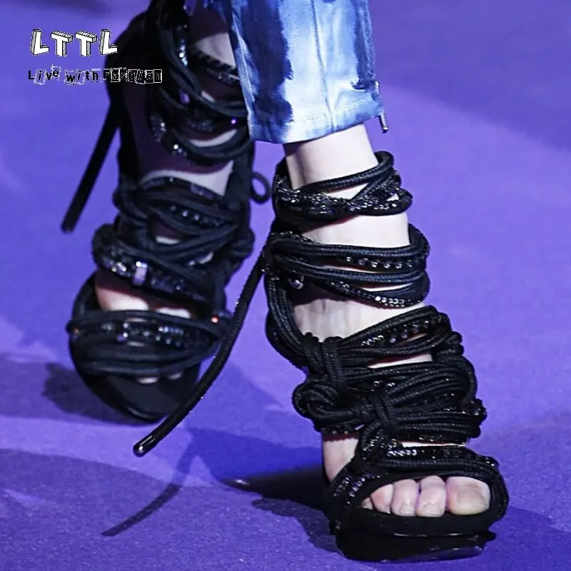 2017 black mixed color Stiletto heels shoes open toe ladies summer sandals weave rope knot hollow out back women sandals
