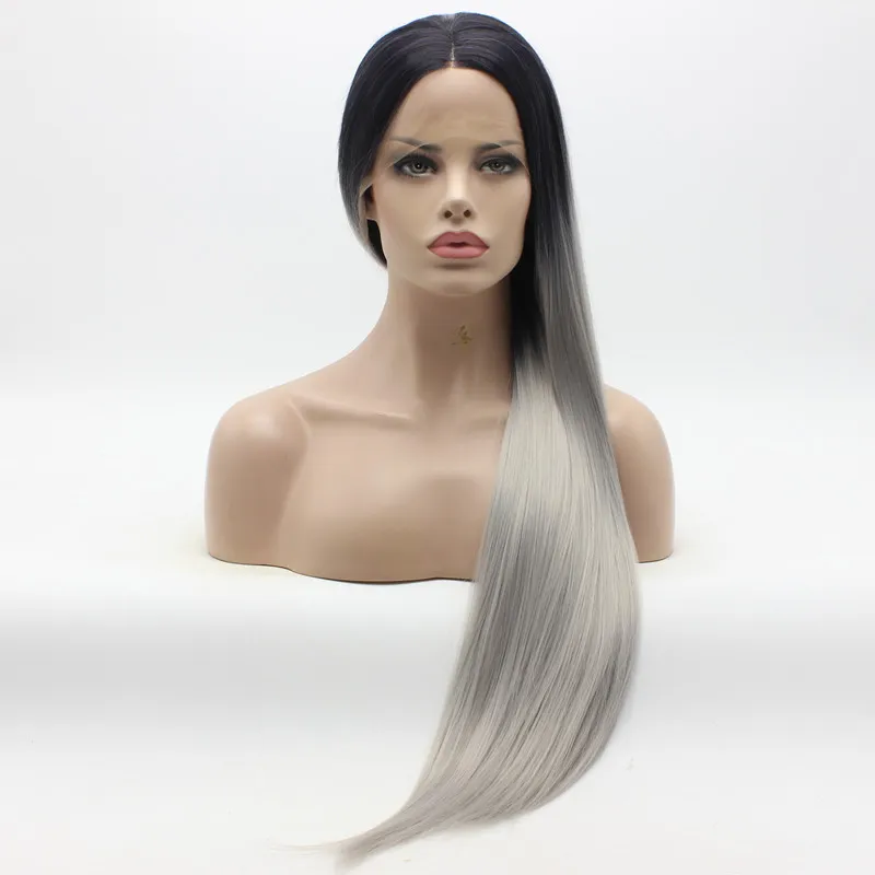 Iwona cheveux raides Extra longue racine foncée gris Ombre perruque 2210906 moitié main liée résistant à la chaleur synthétique dentelle avant Wigs7126417