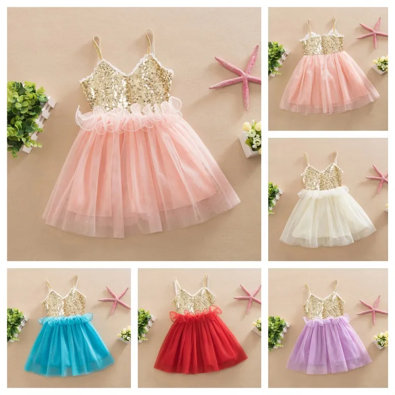 Großhandel - Süße Kinder Mädchen Tutu Pailletten Kleid Sommerkleid Multi Candy Color Prinzessin Partykleid Halter V-Ausschnitt Kleid