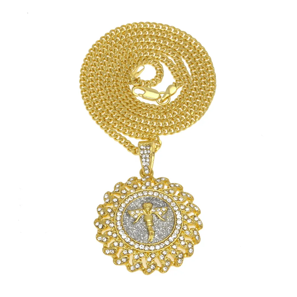 New Men Women Fashion Angle Pendant Necklace European Hip Hop Jewelry Silver/Gold Plated Shiny Rhinestone Round Necklace