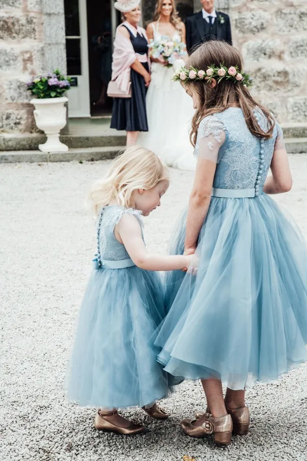 Pale Blue Flower Girl Dress Lace Appliques Tea Length Tulle Vintage Flower Girl Dresses Lovely Flowergirl Dresses for Weddings