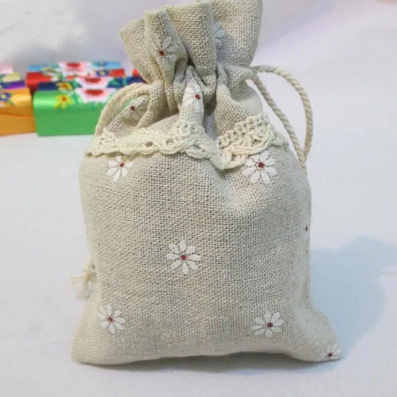 Mini Natural Lace Decoration Linen Drawstring Flower Print Wedding Favor Bag Pouch Party Gift Bags Jewelry Case ZA1398