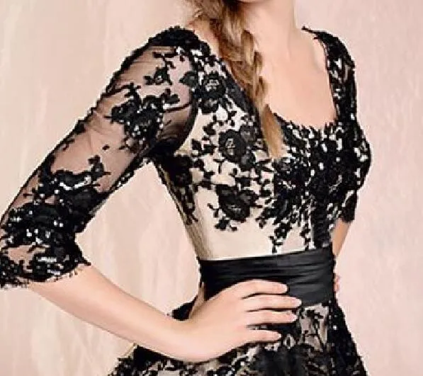 2021 Champagne Black Lace Appliques Short Evening Dress 3/4 Sleeves Tea Length Bridal Gown Black Formal Gown Prom Dresses