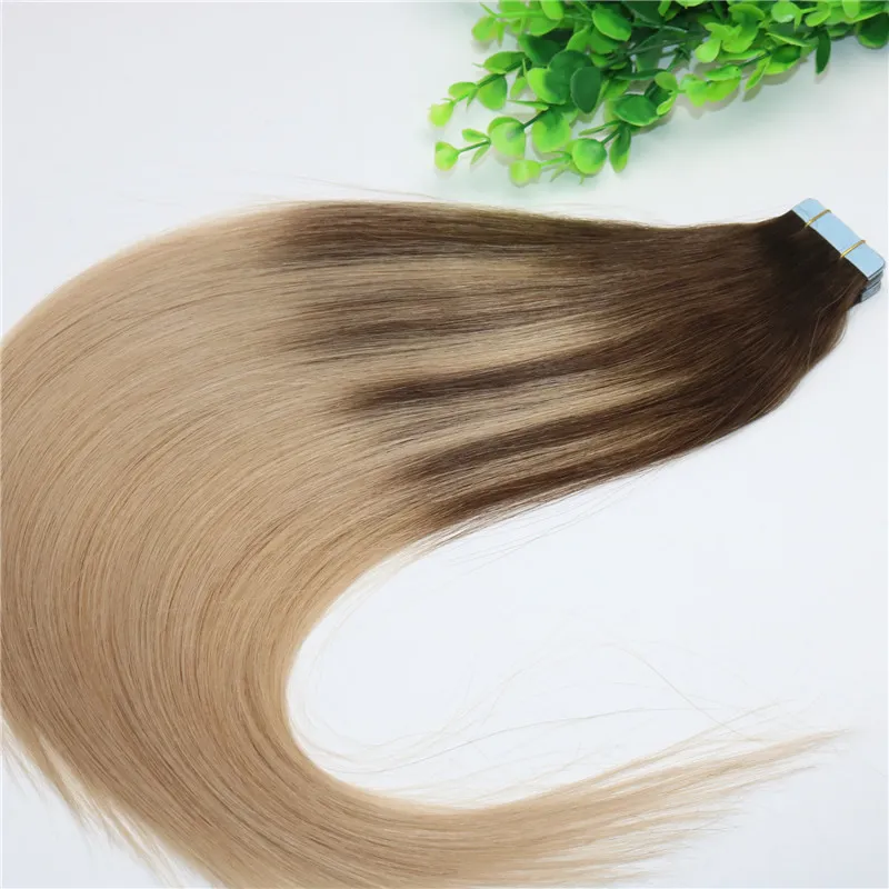 #4 #18Skin Weft Tape I Human Hair Extensions PU Tape Hår 40st 100gram Balayage Ombre Hårfärg Ash Blond Highlights