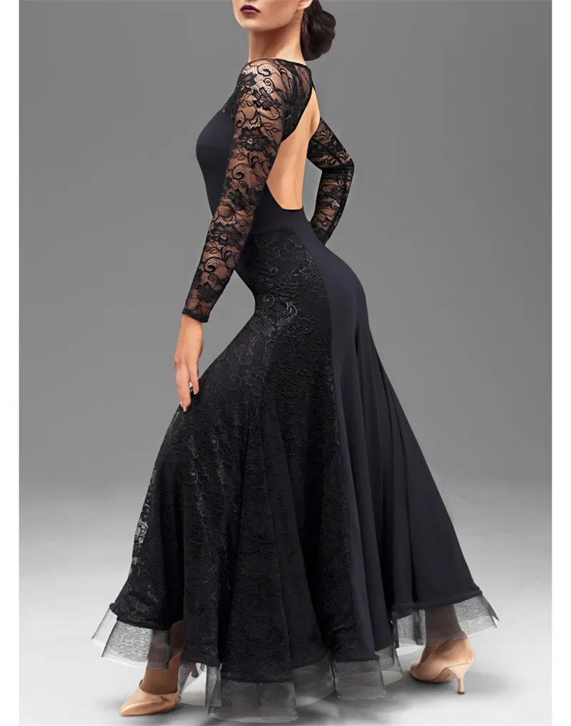 Adulte/fille robe de danse de salon femmes moderne valse tango Standard compétition pratique robe de danse dentelle noire couture robe en arête de poisson