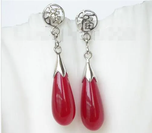 Pendientes de jade rojo 8 * 21 mm de Dangle genuinos 18KGP post e1804