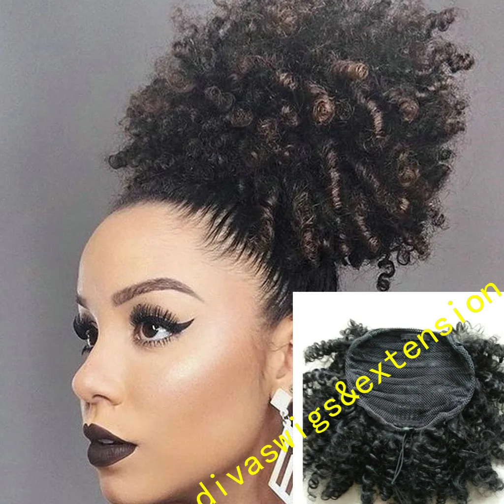 Peruvian Remy Kinky Curly Ponytail Hårstycke Drawstring Natural Puff Afro Ponytail Extension Fashion Women Frisyr 100g-160g