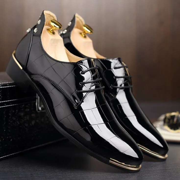 Men Patent Leather Dress Shoes Fashion Wedding Shoes Breathable Business Shoes Lace-up Flat Shoe Mens Oxfords Size 38-48