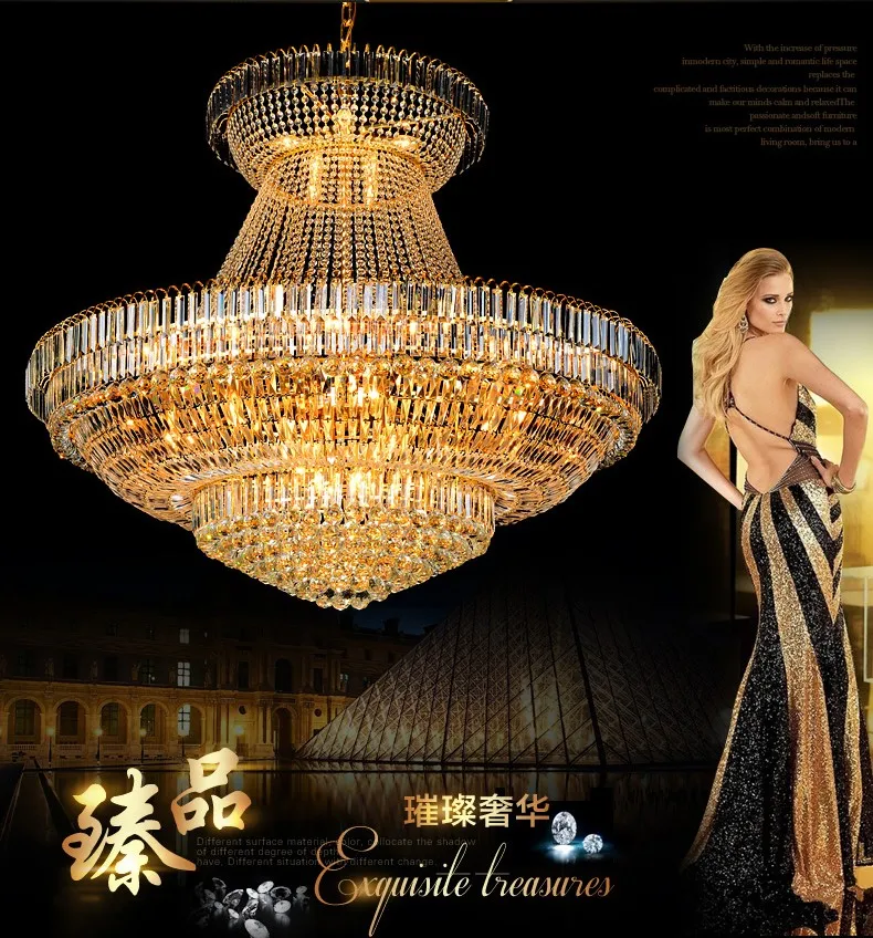 LED moderne lustres en cristal d'or luminaire américain grand lustre droplight maison européenne intérieur hôtel restaurant grande lampe en cristal D140cm