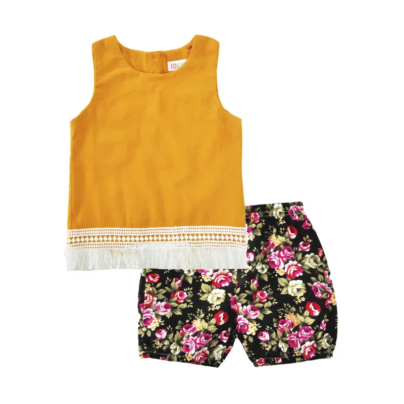 Bébé vêtements ensemble jaune gland balançoire filles t-shirts été enfant en bas âge tenue manches filles haut fleuri court 2 pièces filles vêtements