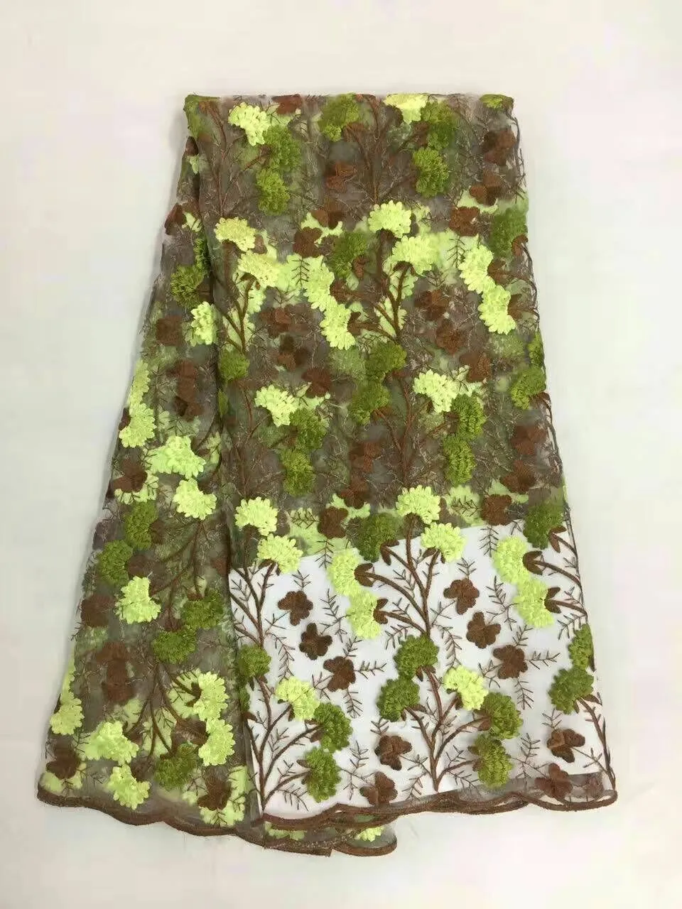 5 Y / adet Güzel yeşil sarı ve turuncu çiçek nakış ile fransız net dantel kumaş afrika elbise için örgü dantel RN2