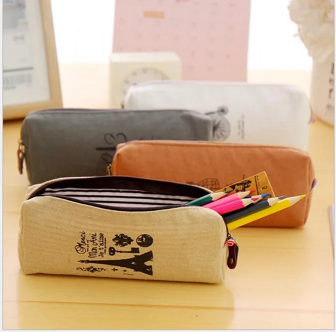 Lovely Sweet Students linen pencil case Women Grils cosmetic purse Bag Eiffel Tower pouch kids school fabric pencil pen holder