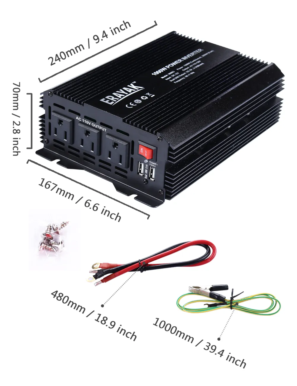 ERAYAK 1000W Güç Dönüştürücü Üç AC Çıkışı, Çift USB Şarj Bağlantı Noktaları 3.1A, Araç Aküsü Klip Kablosu, çoklu koruma - 8099U