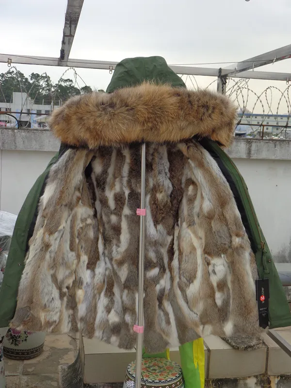 JAZZEVAR Brauner Pelzbesatz aus Kaninchenfell, lange armeegrüne Parkas, Winter-Schneemäntel, echte Pelz-Winterparkas