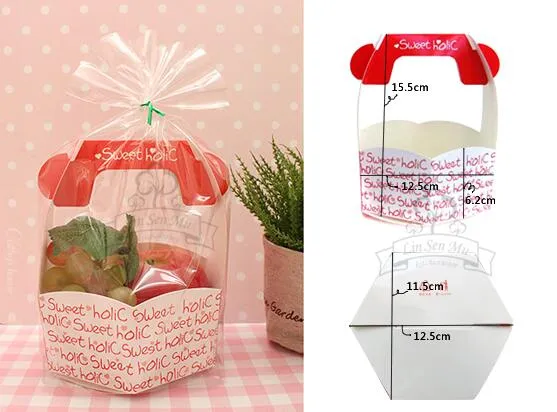 Joli panier de fleurs translucide, sac plat et ouvert, emballages de gâteaux, bonbons, emballage 100 ensemble1 ensemble = 1 sac + 1 base en papier