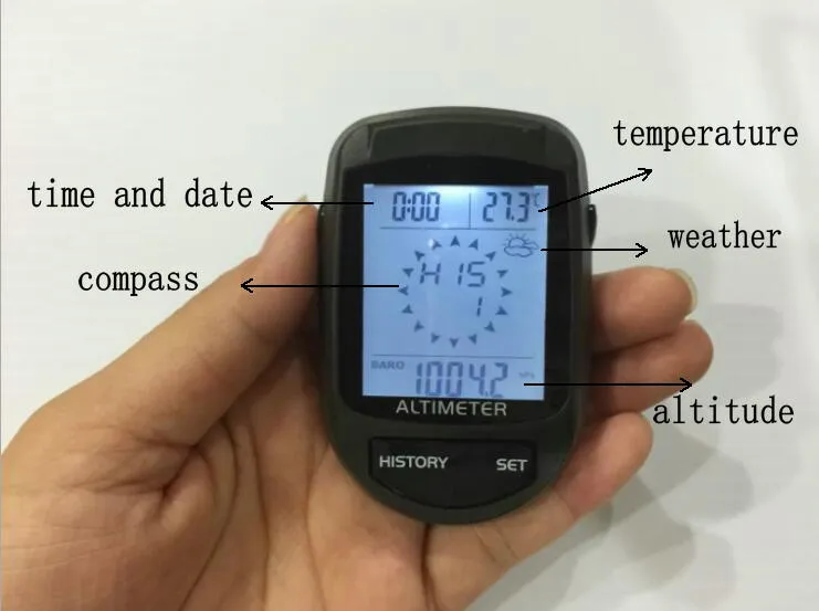 Digital LCD 8 i 1 / kompass + höjdmätare + barometer + termometer + väderprognos + historia + klocka + kalender för vandring jakt