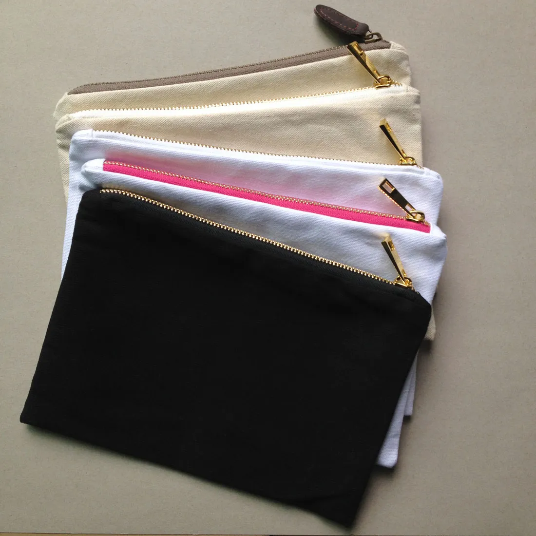 pianura tela di cotone vuote compongono il sacchetto con rivestimento superiore zip oro qualità 7x10in sacchetto di colore toilette solida per vernice di DIY / stampa in bianco / bianco / avorio