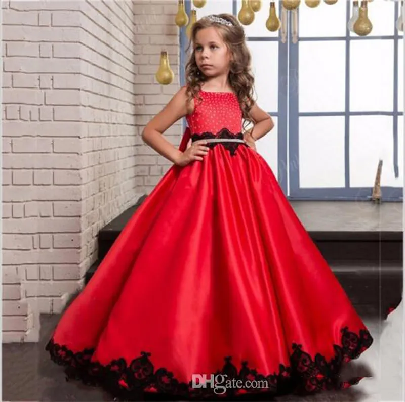 Tutu robe de bal rouge robes de fille de fleur sur mesure 2017 élégant Satin romantique Appliques enfant robe de noël arc filles