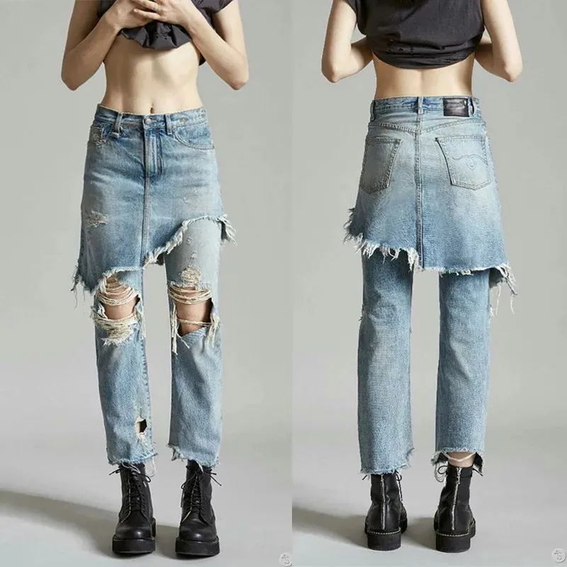 Wholesale- Vintage 2016 Womens Ripped Jeans Holes Denim Pants Trousers vaqueros mujer Irregular Flare Pants Jeans feminina