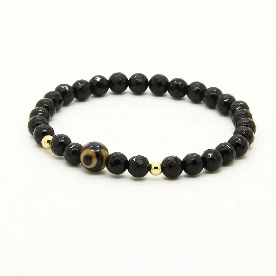 Religieuze groothandel sieraden 10 stks / partij A Grade Dzi Eye Stone Beads met 6mm Facet Black Onyx Lucky Energy Pasen Armbanden