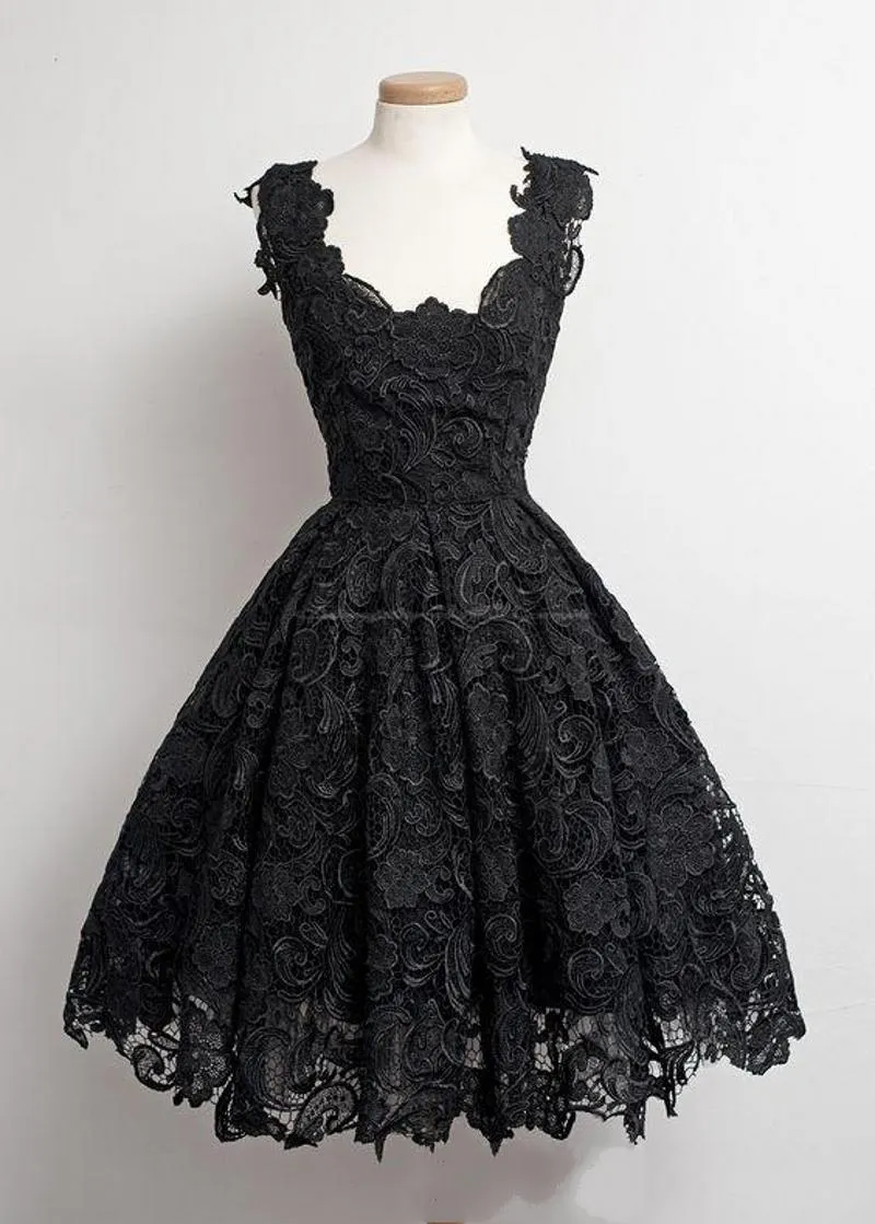 2019 New Vintage Clássico Pequeno Preto Vestidos A-Linha Borda De Vida - Comprimento Do Joelho 50s Lace Preto Prom Parte Homecoming Vestidos 176