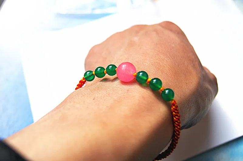 Puro tejido manual transformadores coloridos Ágata verde La pulsera de cuentas redondas de jade rosa. -