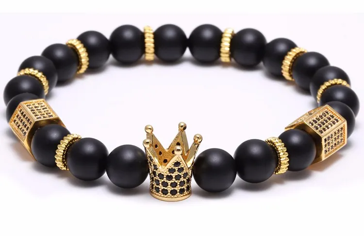 Pavé noir CZ zircone Oro Rey couronne breloque brins PULSERA Hombres émail opaque mat brazalete de Cuentas Piedra