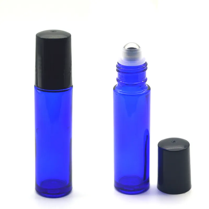 カラフルな化粧品の詰め替え可能な10ml（1/3oz）ボトルの上のコバルトの青いガラスロールエッセンシャルオイルの香りのローラーボールボトルパイクトリーフリー