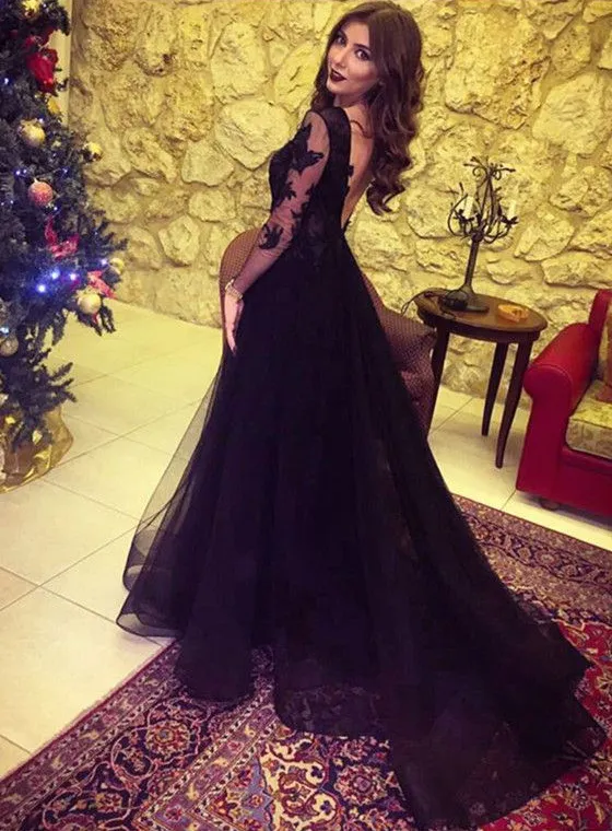 Long Sleeve Backless Evening Dresses Side Split Sweetheart Neck Black Prom Dresses 2019 New Lace Applique Formal party gowns