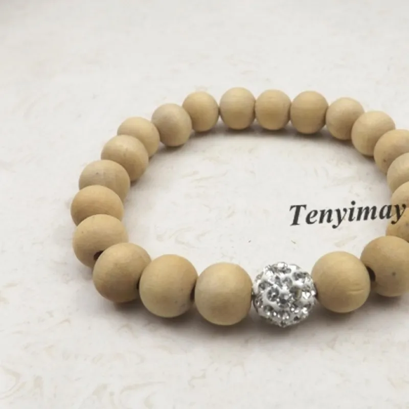 Stretchy 10mm Original Farbe Holz Perlen Armband Mit Weißen Strass Perle Für Geschenkpackung von 20 stücke