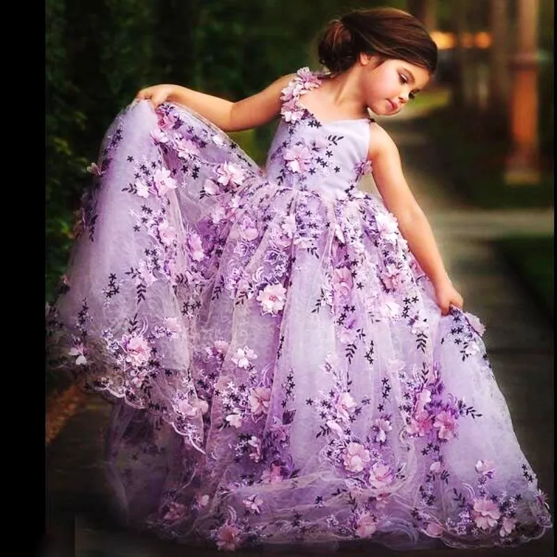 Verbazingwekkend paarse bloem meisje jurken mooie v-hals 3D-floral-applique tule meisje verjaardag jurken prachtige meisjes jurk voor bruiloften gelegenheid