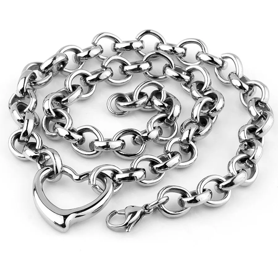 Set di 2 pezzi in acciaio al titanio Gioielli Collana da uomo Bracciale da donna Bracciale rigido in argento dorato Catena a maglie O lucidate Catene con ciondoli a cuore