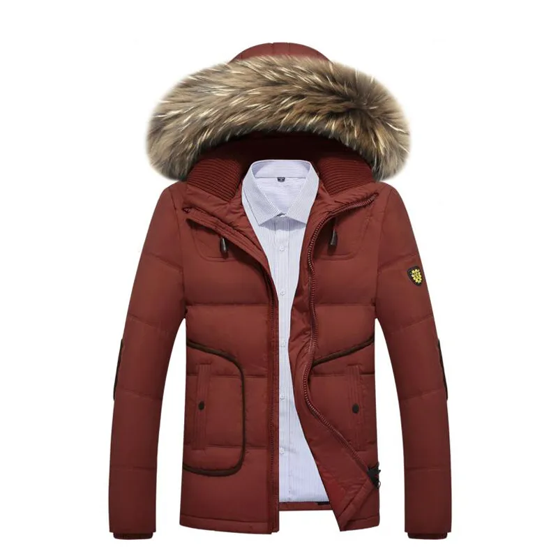 ENWAYEL Outono Inverno Masculino Casacos De Penas Parka Com Capuz De Pato Para Baixo Casaco Homens Casaco de Gola de Pele Casuais Moda Bolso Mens clothing