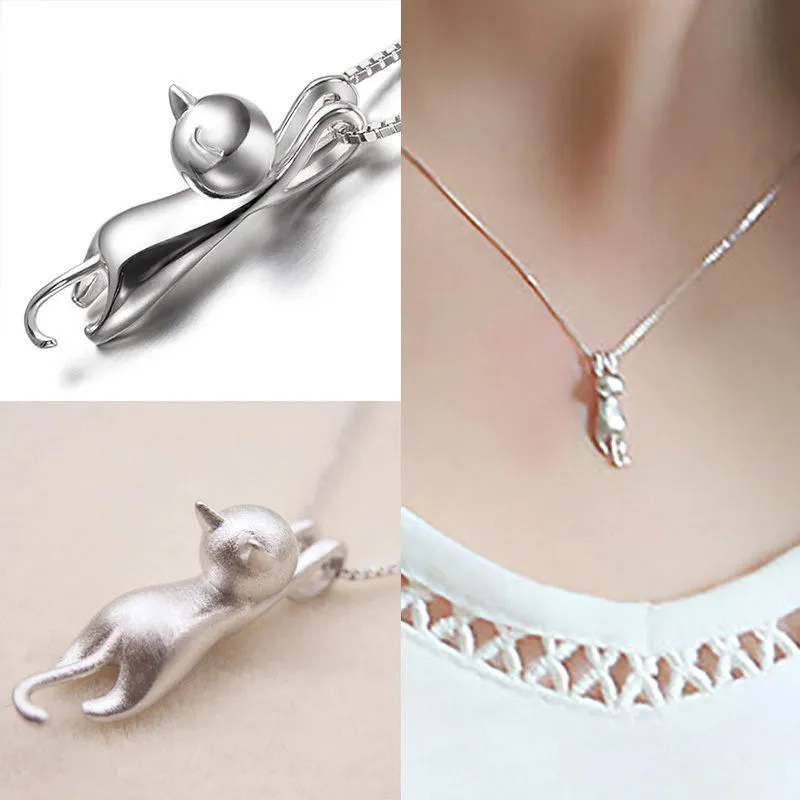 Partihandel-Fashion Women 925 Sterling Silver Cat Chain Hängsmycke Halsband Charm Smycken Nya Party Supplies